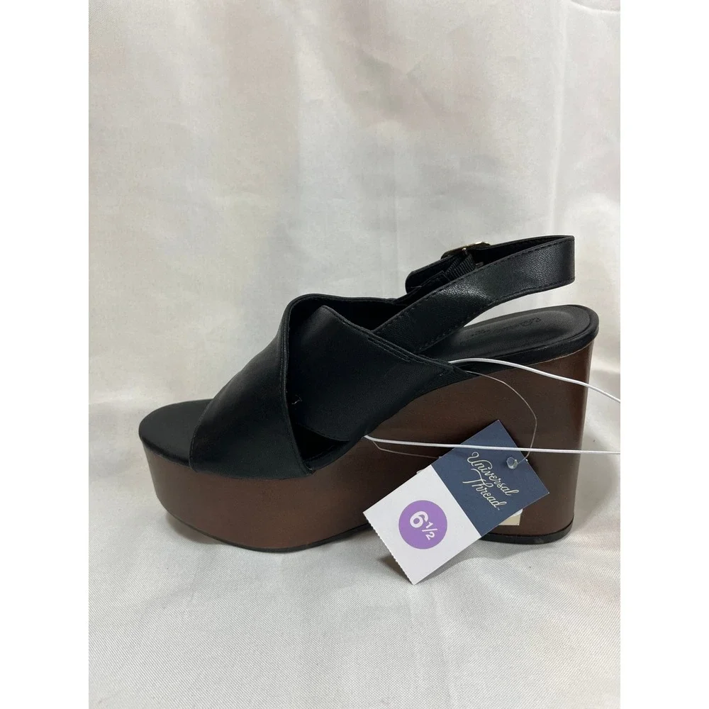 Universal Thread Black Platform Wedge Sandals Crisscross Slingback Wood Look 6.5